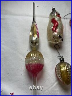 10 Very Old Antique Glass Feather Tree Figural Christmas Ornaments With Topper
