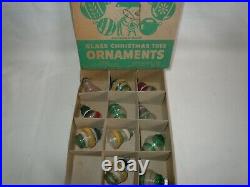 11 Vtg WWII era Shiny Brite Unsilvered Christmas Ornaments Green Uncle Sam Box