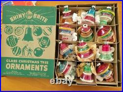 12- 3 Vtg Shiny Brite USA Unsilvered Striped Glass Christmas Ornaments w Tinsel