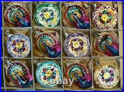 (12) Czech blown glass reflector peacock vintage style Christmas tree ornaments