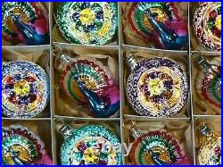 (12) Czech blown glass reflector peacock vintage style Christmas tree ornaments