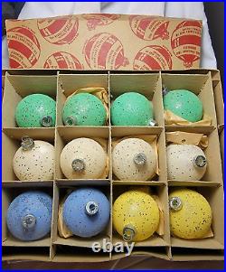 12 Shiny Brite WWII Pastel Mica Glass Vintage Ornaments green blue yellow BOX