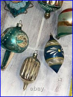 12 VTG CHRISTMAS GLASS ORNAMENTS Shiny Brite Wired Mica Triple Reflector Ribbed