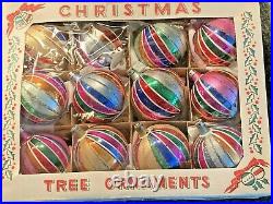 12 Vintage 1950s/60s Poland Colorful Striped Christmas Ornaments in Original Box