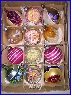 12 Vintage Christmas Baubles Multicoloured 50s-70s 4 Concave Hand Decorated