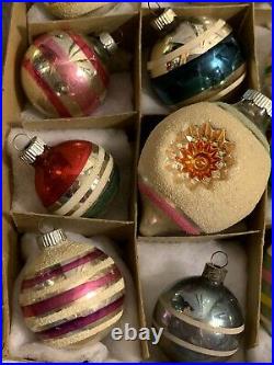 12 Vintage Christmas Ornaments Shiny Bright Teardrops Indent Mica Sugared MCM