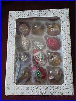 12 Vintage Feather Tree Glass Christmas Ornaments In Box Poland