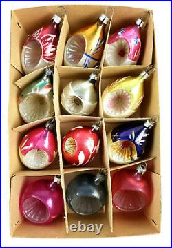 12 Vintage Poland Mercury Glass Indent Teardrop Round Christams Ornaments w Box