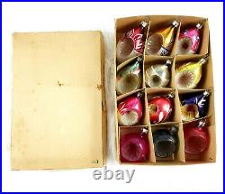 12 Vintage Poland Mercury Glass Indent Teardrop Round Christams Ornaments w Box