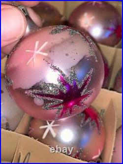 12 Vintage Shiney Bright Glass Christmas Ornaments Silver Flocked original box