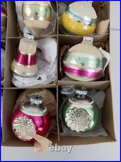 12 Vintage Shiny Brite Large Glass Christmas Ornaments with Box Indents Flocked