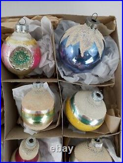12 Vintage Shiny Brite Large Glass Christmas Ornaments with Box Indents Flocked