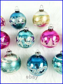 12 Vintage Shiny Brite Mica Stencil Mercury Glass Christmas Ornaments in Box
