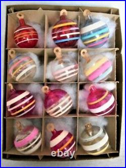 12 Vintage WWII Unsilvered Glass Striped Ornaments withPaper Hangers, Uncle Sam Box