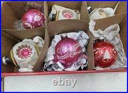 12 Vtg PINK SHINY BRITE INDENT Glass Christmas Ornaments in BOX RARE UNIQUE