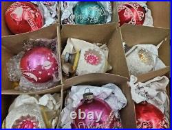12 Vtg PINK SHINY BRITE INDENT Glass Christmas Ornaments in BOX RARE UNIQUE