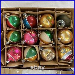 12 Vtg Santa Land Glass Indent Glitter Teardrop Ball Ornaments Poland Christmas
