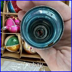 12 Vtg Santa Land Glass Indent Glitter Teardrop Ball Ornaments Poland Christmas
