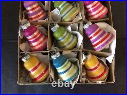 12 Vtg Shiny Brite Mercury Glass Striped Mica Bell Christmas Ornaments Box