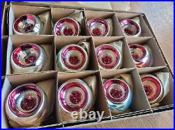 1970s Glass Christmas Ornaments Lot x12 Silver Pink Reflector indents Poland NOS
