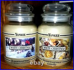 (2) NEW Vintage Yankee Candle WHITE CHRISTMAS black bands with different labels
