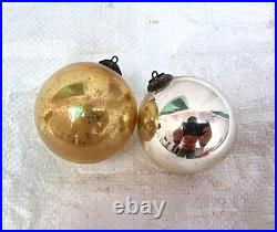 2 Pc Original Vintage Golden & Silver Glass Christmas Kugel / Ornament, Germany