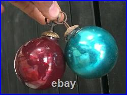 2 Pcs Original Vintage Old Blue & Red Glass Christmas Kugel / Ornament Germany