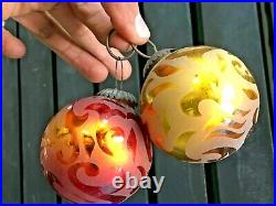 2 Pcs Original Vintage Old Red & Yellow Glass Christmas Kugel / Ornament Germany