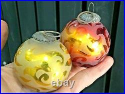 2 Pcs Original Vintage Old Red & Yellow Glass Christmas Kugel / Ornament Germany