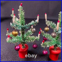 2 Vintage Bottle Brush 4 Mini Christmas Trees Glass Ornaments & Candles Japan