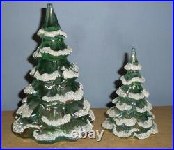 (2) Vtg Fenton Iridescent Green Art Glass 4 & 6.5 Snow Flocked Christmas Trees
