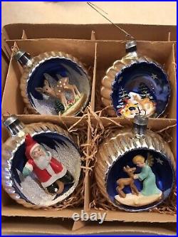 4 Vintage Mercury Glass 3D Diorama Indent Italy Christmas Ornaments Santa Mica