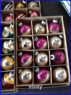 5 Dozen Vtg Shiny Brite Indent Grape Ribbed Striped Solid Mercury Ornaments Box