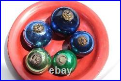 5 Pc Glass Kugel Ornament Vintage Cobalt Blue & Green Round Christmas Gifts X-6