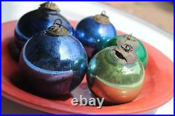 5 Pc Glass Kugel Ornament Vintage Cobalt Blue & Green Round Christmas Gifts X-6