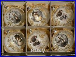 (6) Czech glass vintage style hand decorated dog image Christmas tree ornaments
