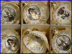 (6) Czech glass vintage style hand decorated dog image Christmas tree ornaments