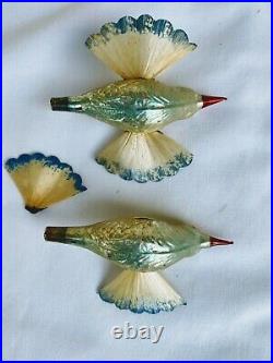 6 Vintage Antique Mercury Glass Bird with Spun Tail & Wings Ornament Christmas