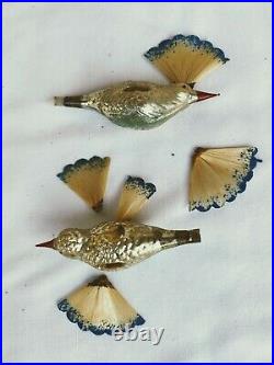 6 Vintage Antique Mercury Glass Bird with Spun Tail & Wings Ornament Christmas