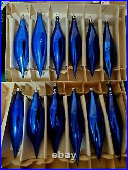 6 Vintage Box Teardrop Icicle Mercury Glass Christmas Ornaments Poland Blue 5'