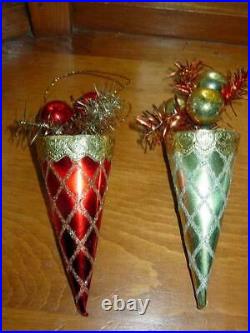 (6) Vintage Christmas Mercury Glass Balls Foil Cone Shaped Ornaments Japan