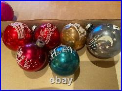 6 Vintage SHINY BRITE Stenciled Glass Christmas Ornaments Rare Moon Stars Santa