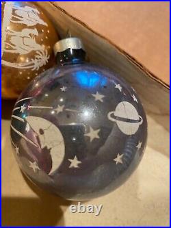 6 Vintage SHINY BRITE Stenciled Glass Christmas Ornaments Rare Moon Stars Santa