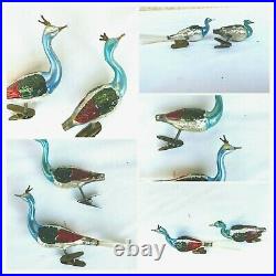7 Vintage German Mercury Glass Crowned Peacock Spun Tail Clip Ornament Christmas