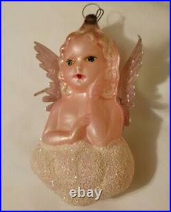 Antique 1930s German Glass Cherub Angel on Cloud Ornament Original Dresden Wings