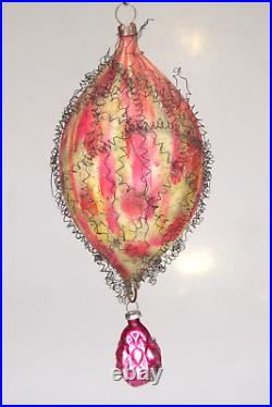 Antique Blown Glass End of Day Wired Teardrop w Drop Christmas Ornament Germany