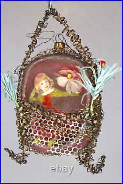 Antique Blown Glass Sebnitz GIRL in CRIB Mesh Wires Christmas Ornament Germany