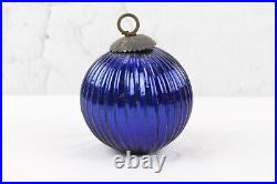 Antique Cobalt Blue Ribbed Glass Christmas Ornament Ball Vintage Kugel Design