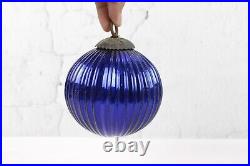 Antique Cobalt Blue Ribbed Glass Christmas Ornament Ball Vintage Kugel Design
