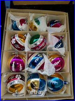 Antique German Glass Christmas Ornaments x12 Large Balls set Hand painted Mica